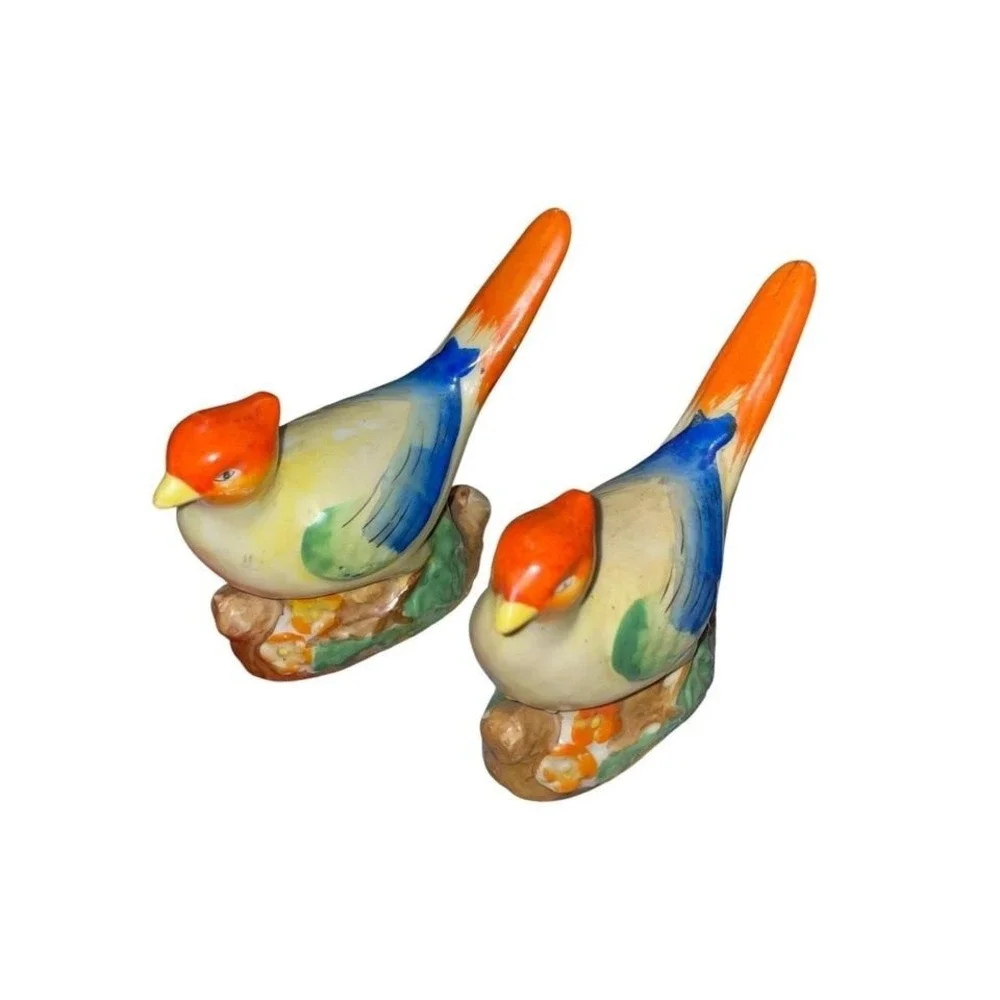 Vintage MCM Japan Ceramic Bird Figurines Pair Colorful‎ 1960s Retro Shelf Decor